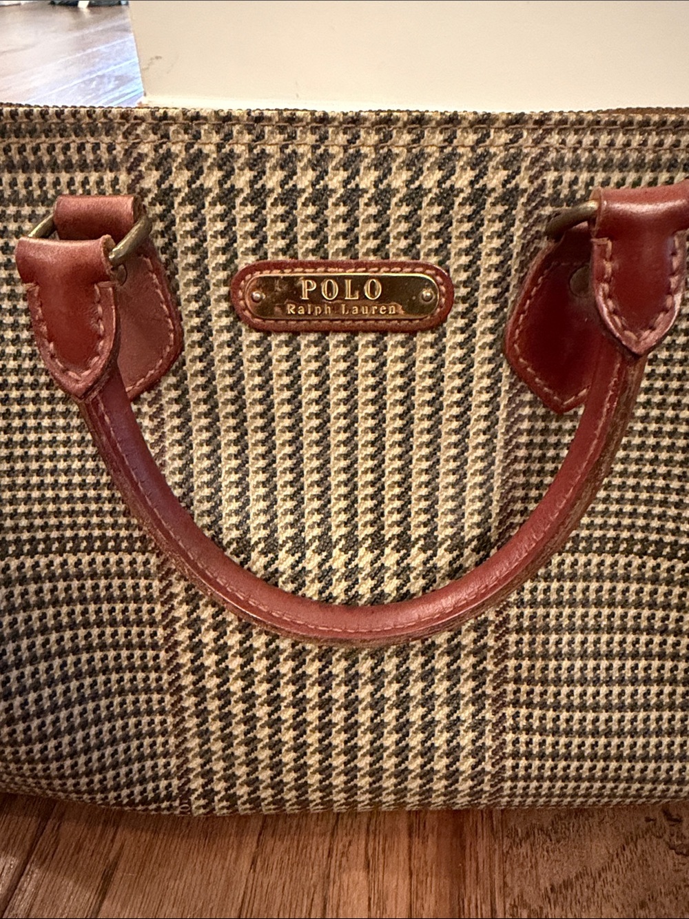 Vintage Polo Ralph Lauren Mini Boston Brown Houndstooth Satchel with Tan Accents - Picture 2 of 7